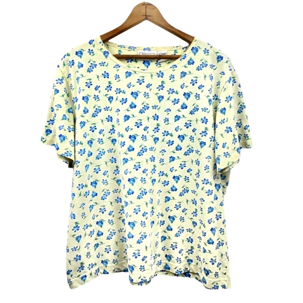 90’s Basic Editions Floral Print Scalloped Hem Scoop Neck SS Top Yellow Blue XL